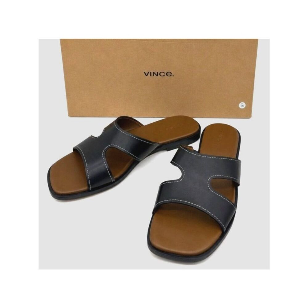 Vince Meyers Leather Slide Sandals Womens 7.5 Black Cutout Slip On Flat